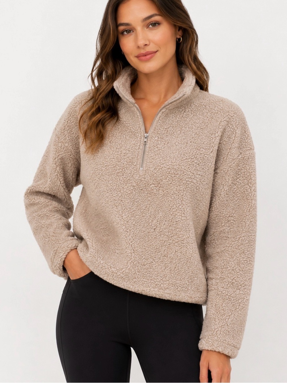 Hem & Thread Cozy Taupe Sherpa Quarter-Zip Pullover cropped teddy bear style MD